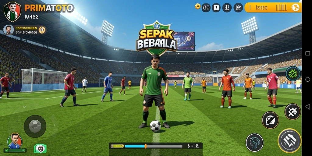 Screenshot gameplay PRIMATOTO menampilkan aksi sepak bola yang intens.