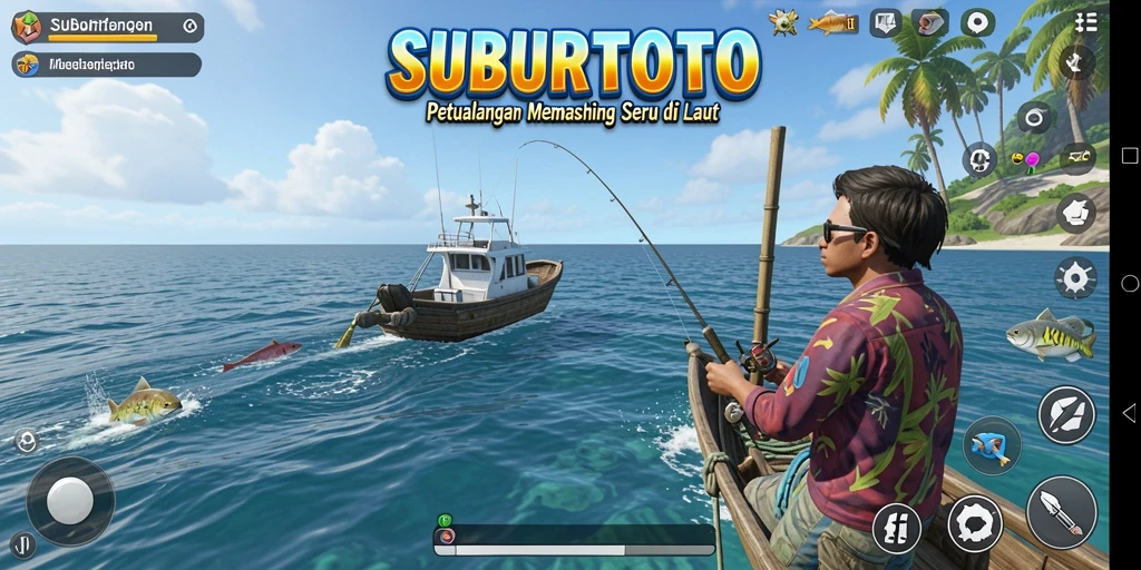 Screenshot gameplay SUBURTOTO menampilkan aksi memancing yang seru dan menakjubkan.